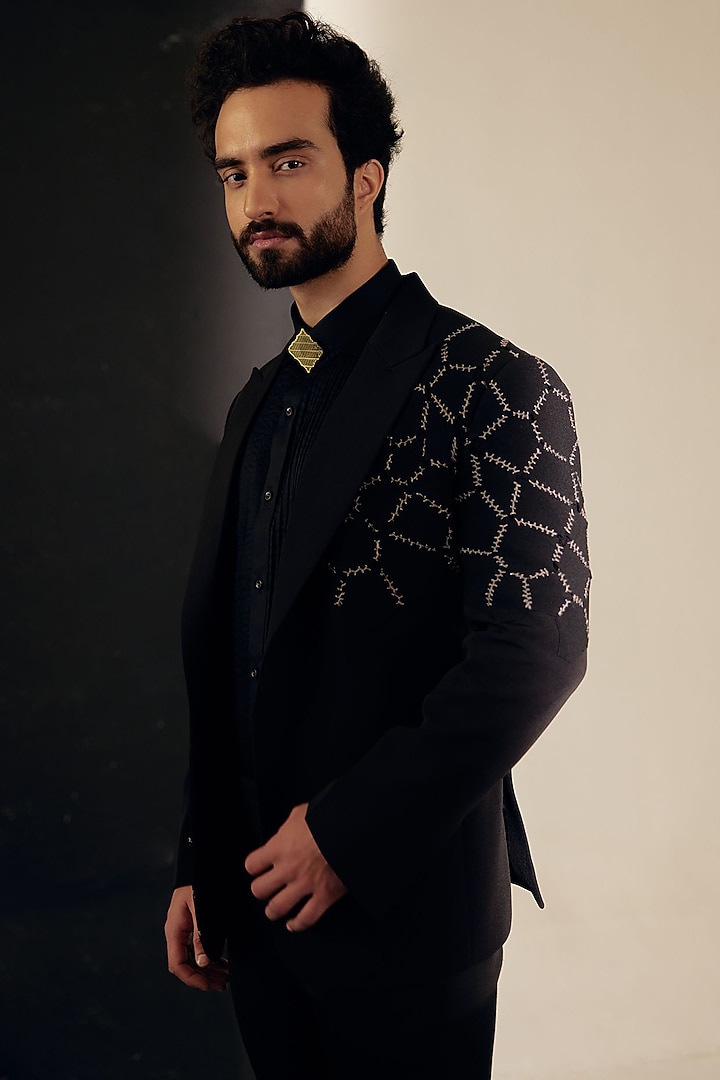Black Crepe Tuxedo Set by Jatin Malik at Pernia's Pop Up Shop