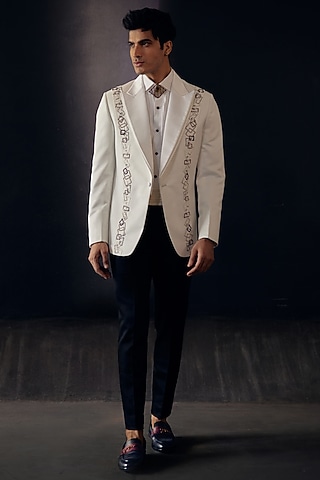 Ivory Embroidered Tuxedo Set by Jatin Malik