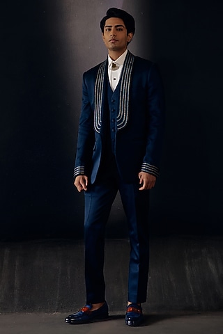 Space Blue Silk Embroidered Tuxedo Set by Jatin Malik
