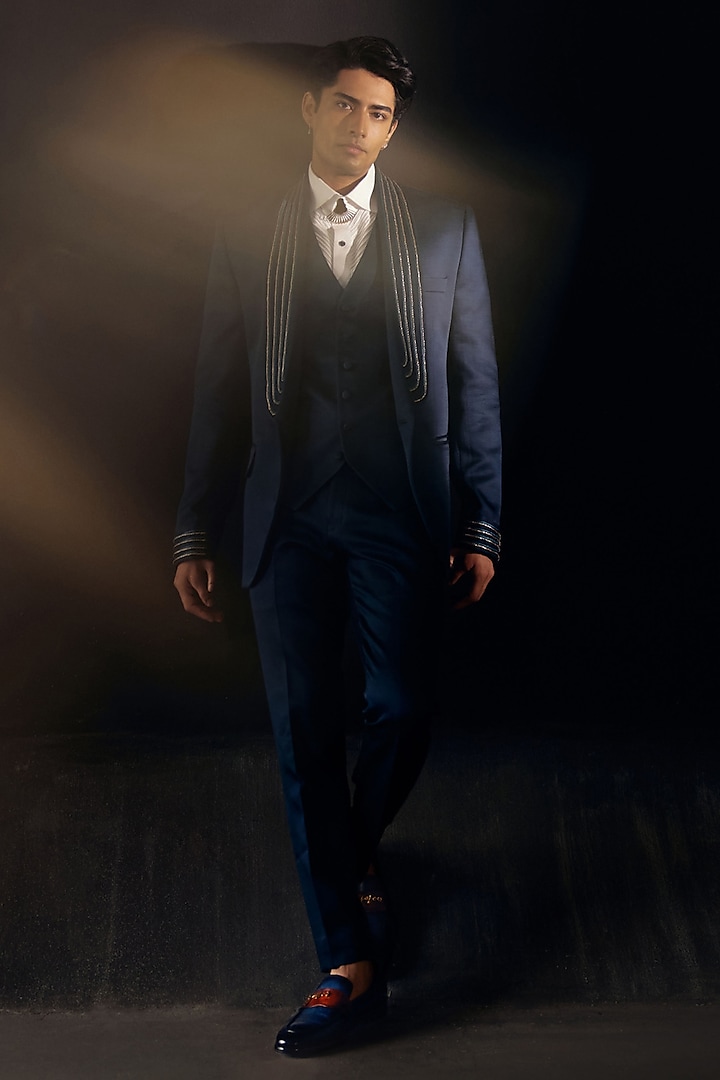 Space Blue Silk Embroidered Tuxedo Set by Jatin Malik at Pernia's Pop Up Shop