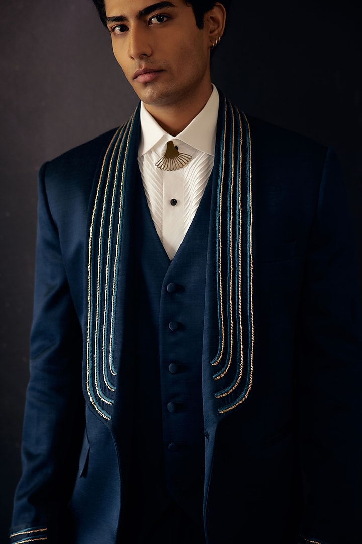 Space Blue Silk Embroidered Tuxedo Set by Jatin Malik at Pernia's Pop Up Shop