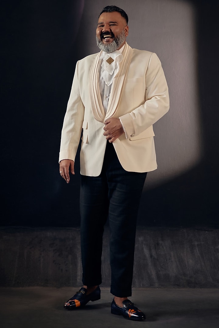 Classic Cream Linen Silk Tuxedo Set by Jatin Malik at Pernia's Pop Up Shop
