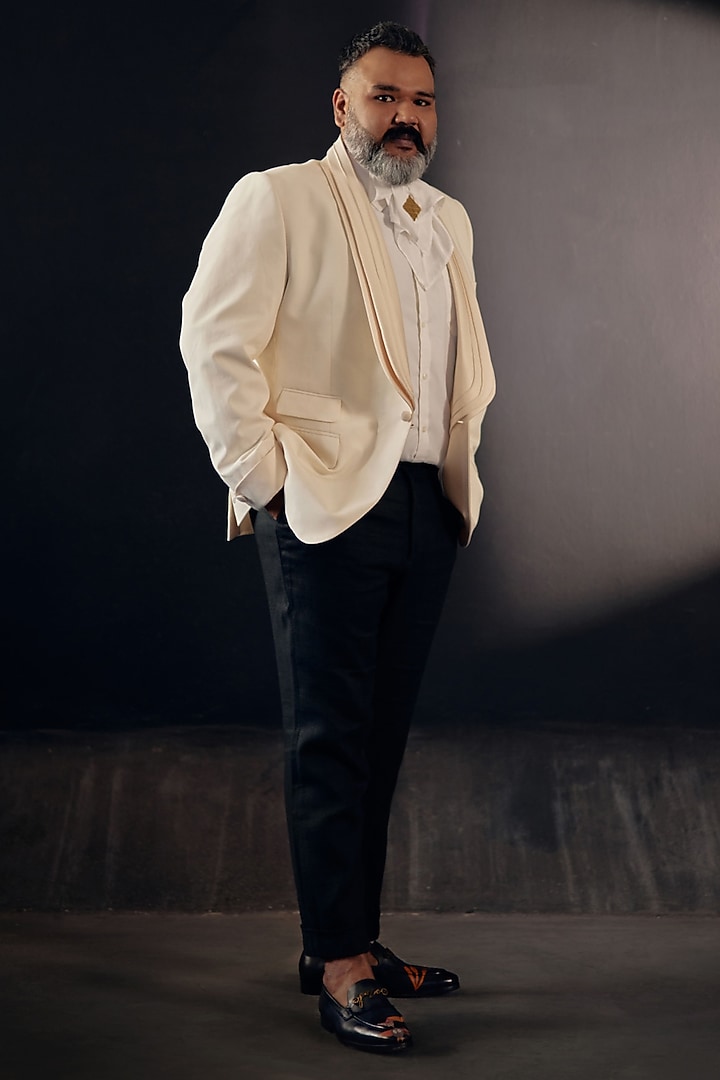 Classic Cream Linen Silk Tuxedo Set by Jatin Malik at Pernia's Pop Up Shop
