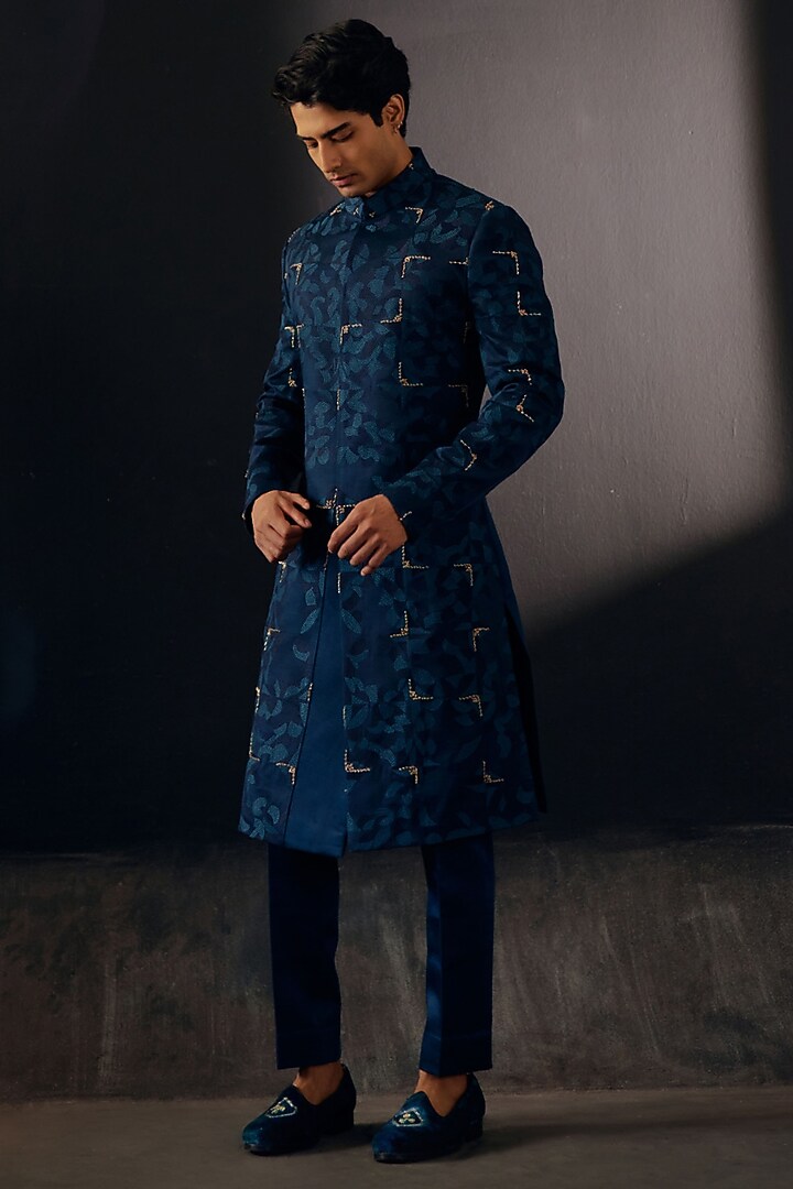 Space Blue Linen Silk Embroidered Groom Sherwani Set by Jatin Malik at Pernia's Pop Up Shop