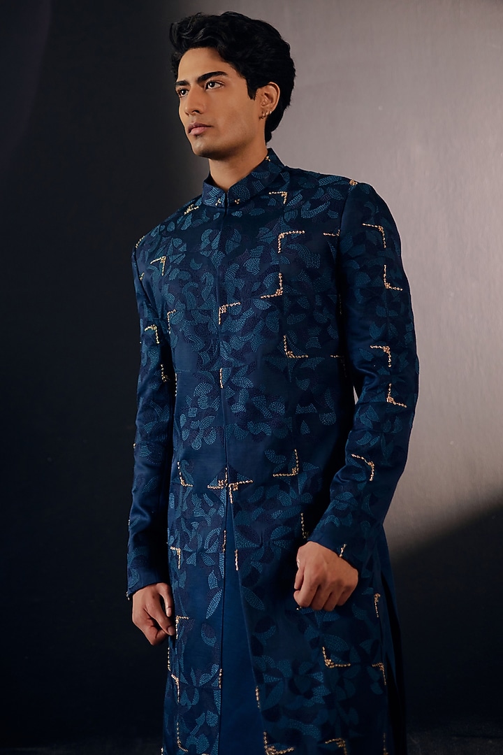 Space Blue Linen Silk Embroidered Groom Sherwani Set by Jatin Malik at Pernia's Pop Up Shop