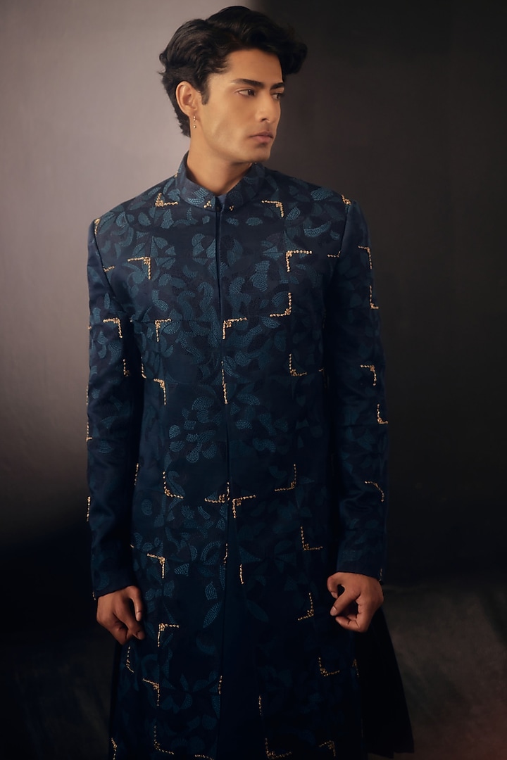 Space Blue Linen Silk Embroidered Groom Sherwani Set by Jatin Malik at Pernia's Pop Up Shop