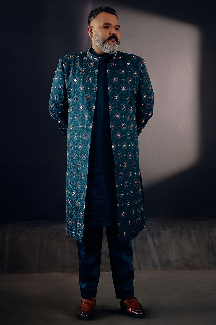 Teal Green Linen Silk Embroidered Groom Indowestern Set by Jatin Malik at Pernia's Pop Up Shop