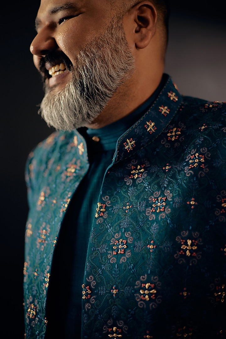 Teal Green Linen Silk Embroidered Groom Indowestern Set by Jatin Malik at Pernia's Pop Up Shop