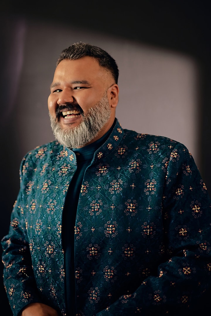Teal Green Linen Silk Embroidered Groom Indowestern Set by Jatin Malik at Pernia's Pop Up Shop