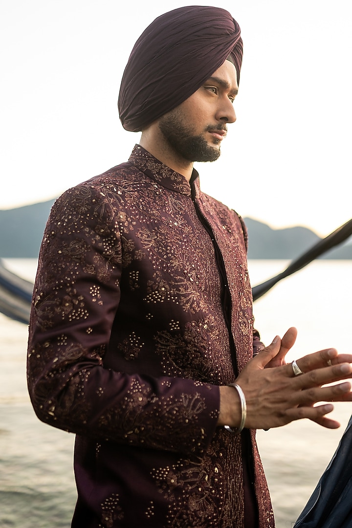 Wine Linen Silk Hand & Machine Embroidered Groom Bandhgala Set by Jatin Malik at Pernia's Pop Up Shop