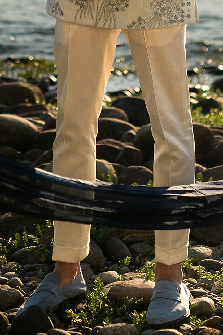 Ice Blue Linen Silk Machine Embroidered Groom Bandhgala Set by Jatin Malik at Pernia's Pop Up Shop