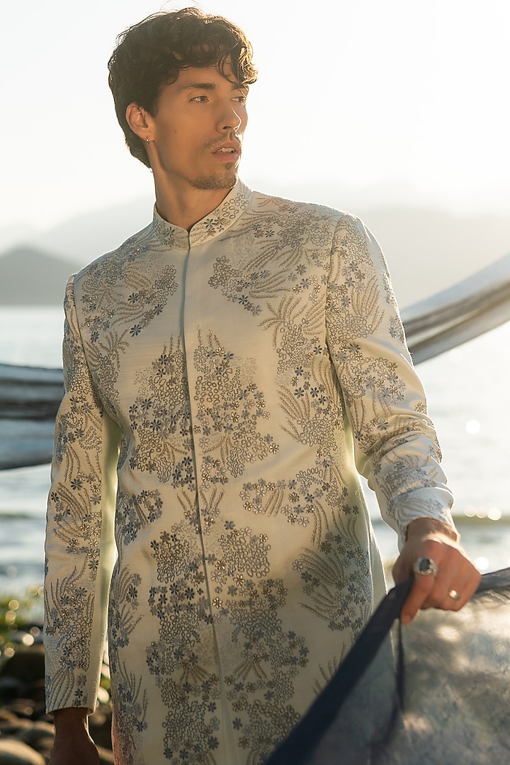 Ice Blue Linen Silk Machine Embroidered Groom Bandhgala Set by Jatin Malik at Pernia's Pop Up Shop