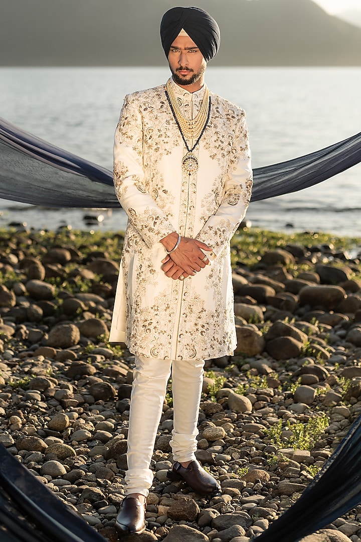 Ivory Linen Silk Thread Embroidered Sherwani Set by Jatin Malik