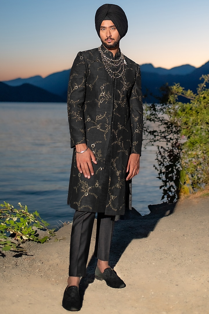 Black Raw Silk Machine Embroidered Achkan Jacket Set by Jatin Malik