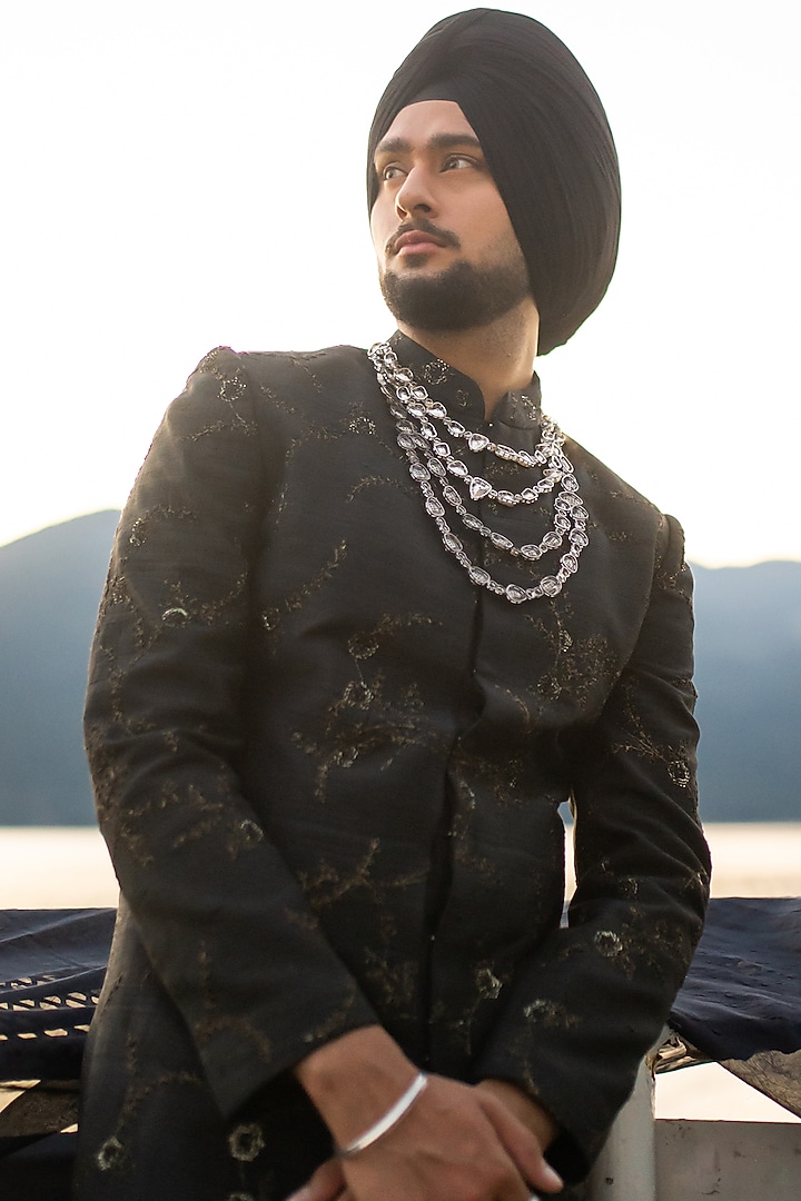 Black Raw Silk Machine Embroidered Achkan Jacket Set by Jatin Malik at Pernia's Pop Up Shop