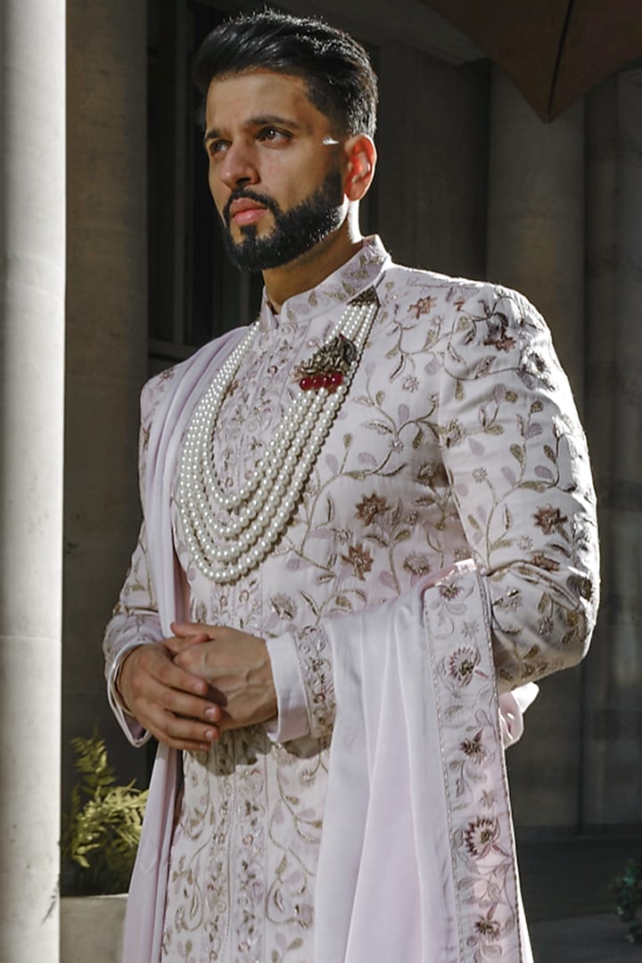 Lilac-Blush Linen Silk Hand Embroidered Groom Sherwani Set by Jatin Malik at Pernia's Pop Up Shop