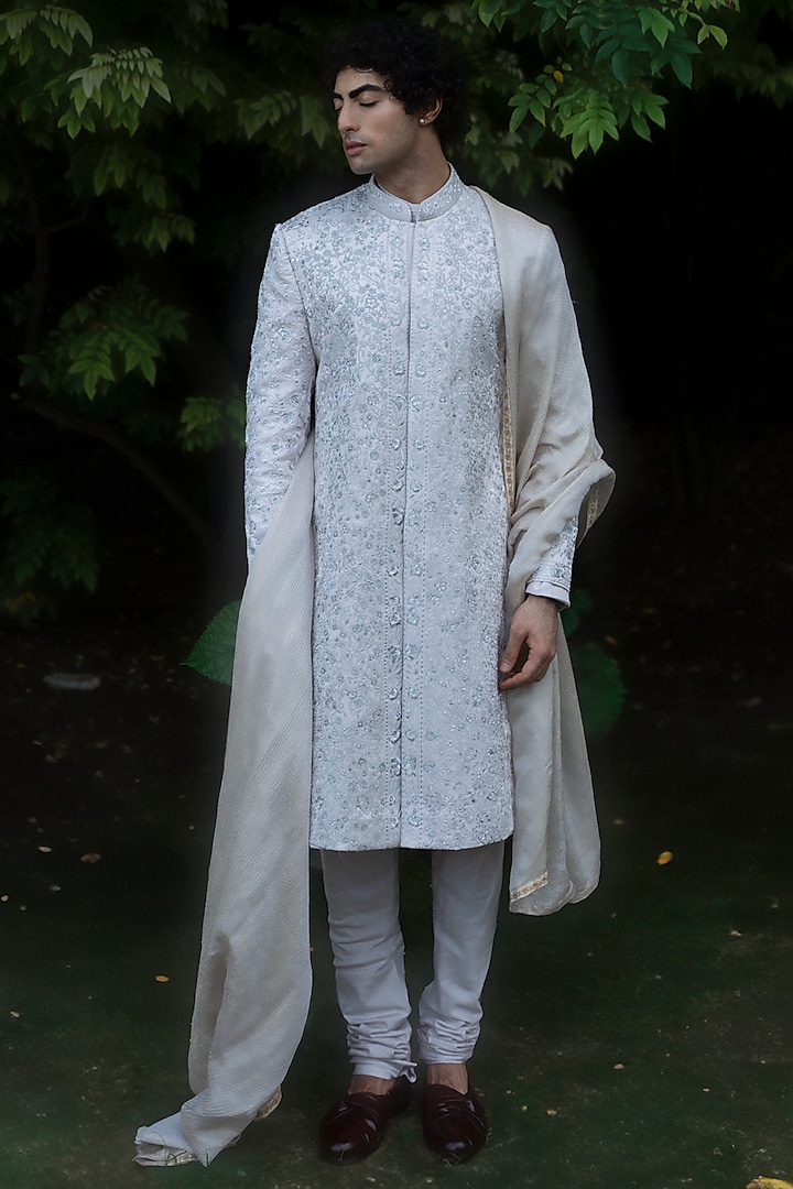 Greyish Lilac Linen Silk Hand Embroidered Sherwani Set by Jatin Malik