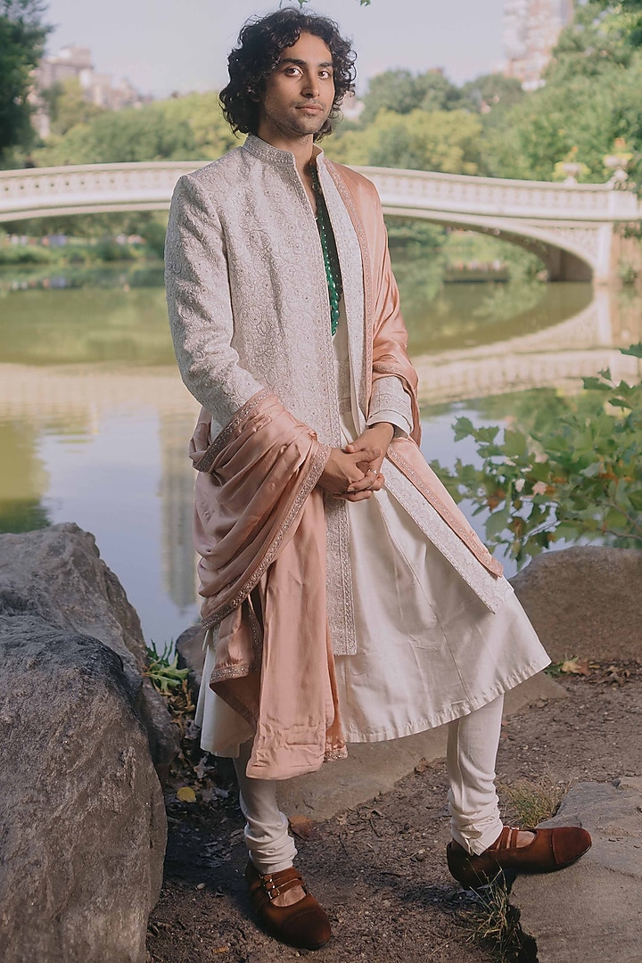 Ivory Linen Silk Hand & Machine Embroidered Open Groom Sherwani Set by Jatin Malik at Pernia's Pop Up Shop