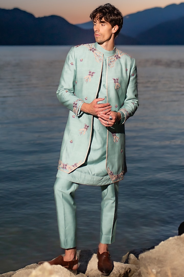 Duck Egg Blue Slub Silk Floral Embroidered Groom Indowestern Set by Jatin Malik at Pernia's Pop Up Shop