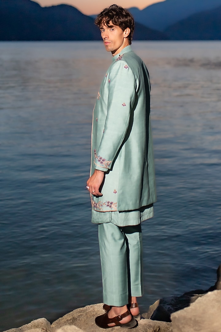Duck Egg Blue Slub Silk Floral Embroidered Groom Indowestern Set by Jatin Malik at Pernia's Pop Up Shop