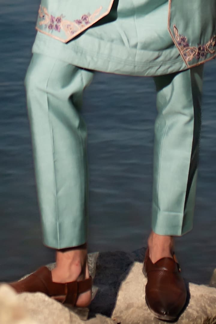 Duck Egg Blue Slub Silk Floral Embroidered Groom Indowestern Set by Jatin Malik at Pernia's Pop Up Shop
