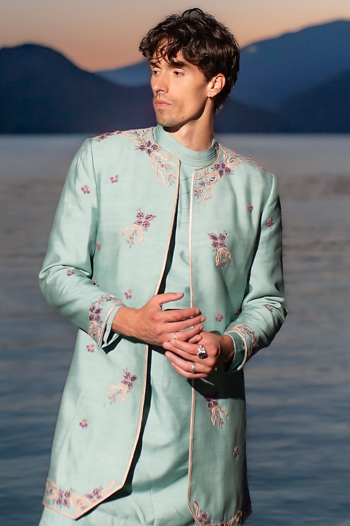 Duck Egg Blue Slub Silk Floral Embroidered Groom Indowestern Set by Jatin Malik at Pernia's Pop Up Shop