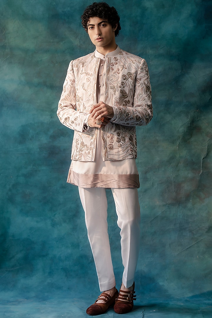 Greyish-Lilac Linen Silk Sequins Embroidered Indowestern Set by Jatin Malik at Pernia's Pop Up Shop