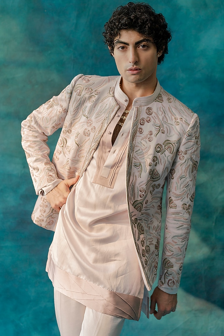 Greyish-Lilac Linen Silk Sequins Embroidered Groom Indowestern Set by Jatin Malik at Pernia's Pop Up Shop
