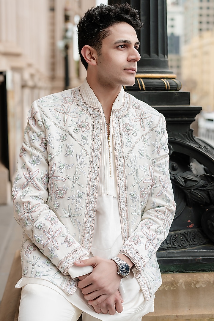 Ivory Linen Silk Hand Embroidered Groom Indowestern Set by Jatin Malik at Pernia's Pop Up Shop