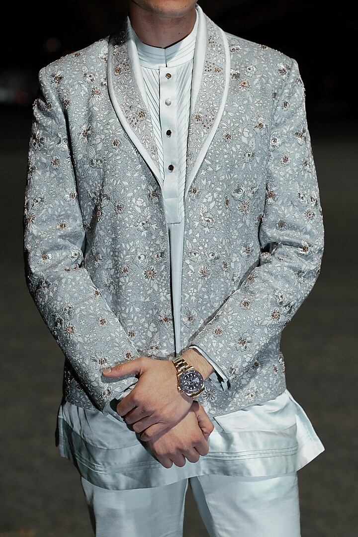 Ice Blue Linen Silk Groom Indowestern Set by Jatin Malik at Pernia's Pop Up Shop