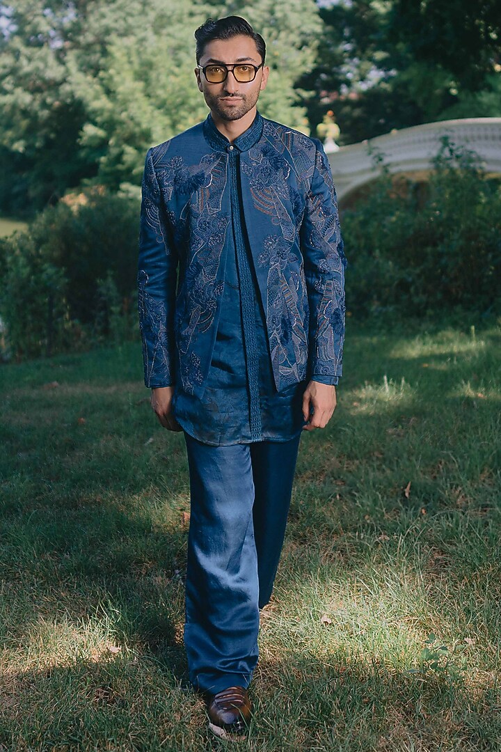 Teal Blue Linen Silk Groom Indowestern Set by Jatin Malik at Pernia's Pop Up Shop