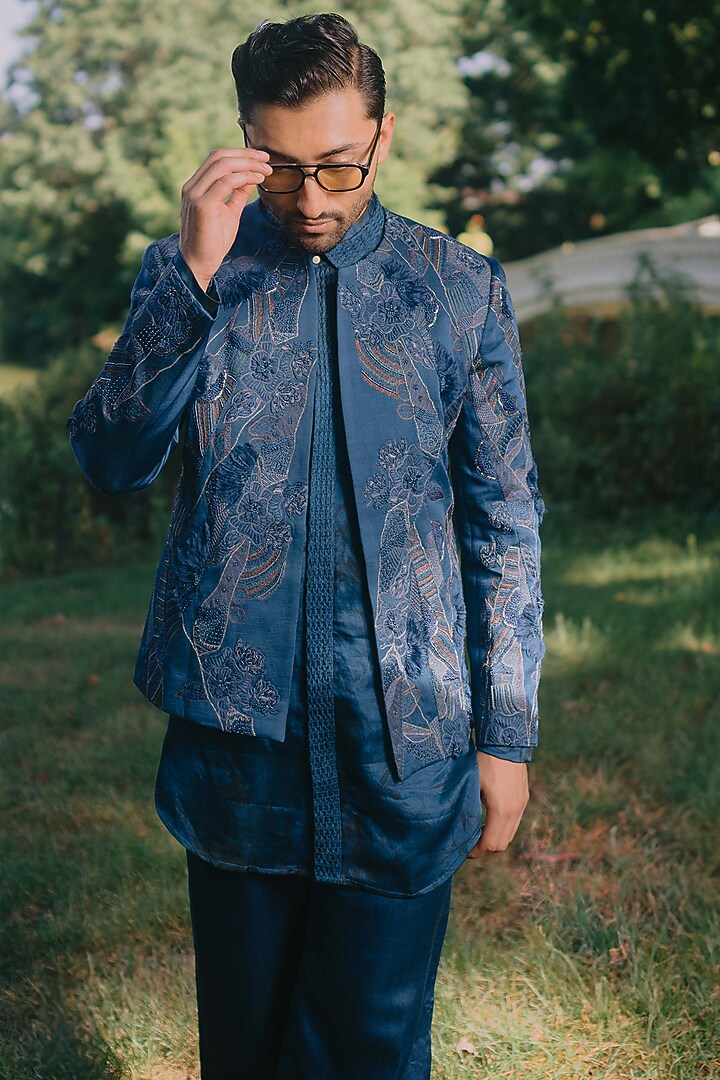 Teal Blue Linen Silk Groom Indowestern Set by Jatin Malik at Pernia's Pop Up Shop