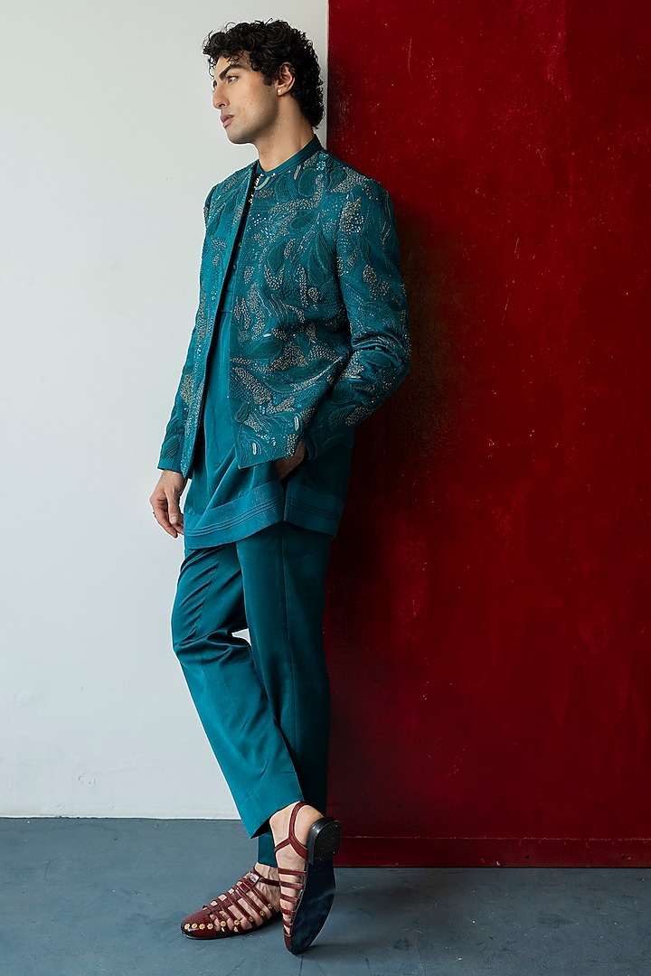 Teal Green Linen Silk Sequins Work Indowestern Set by Jatin Malik