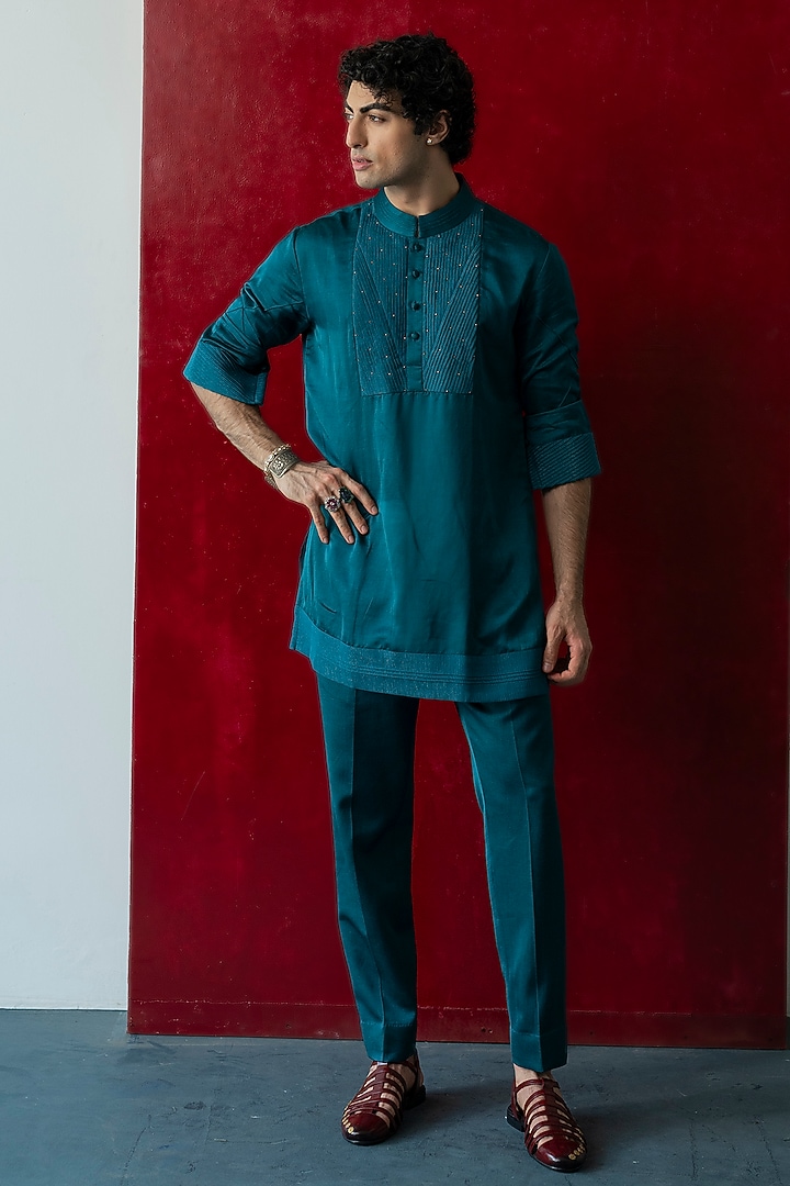 Teal Green Linen Silk Sequins Work Groom Indowestern Set by Jatin Malik at Pernia's Pop Up Shop