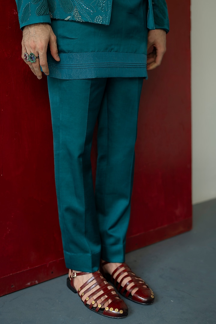 Teal Green Linen Silk Sequins Work Groom Indowestern Set by Jatin Malik at Pernia's Pop Up Shop