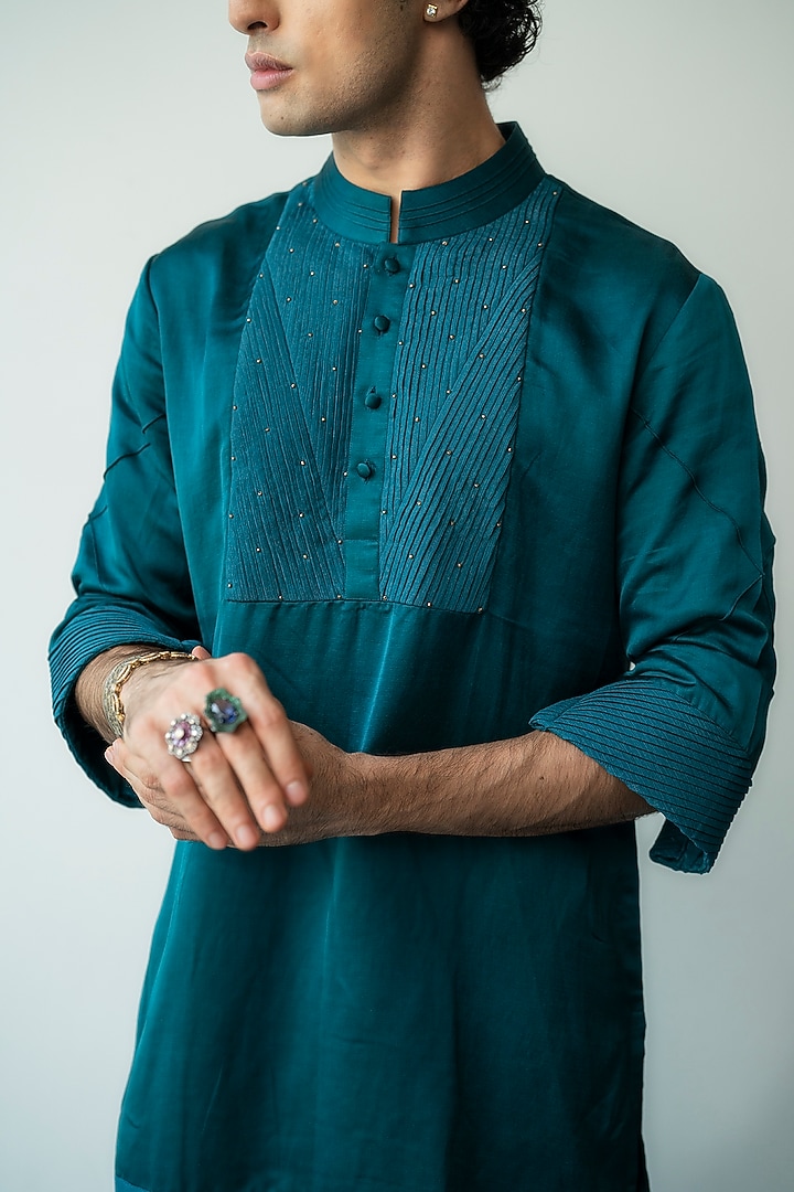 Teal Green Linen Silk Sequins Work Groom Indowestern Set by Jatin Malik at Pernia's Pop Up Shop