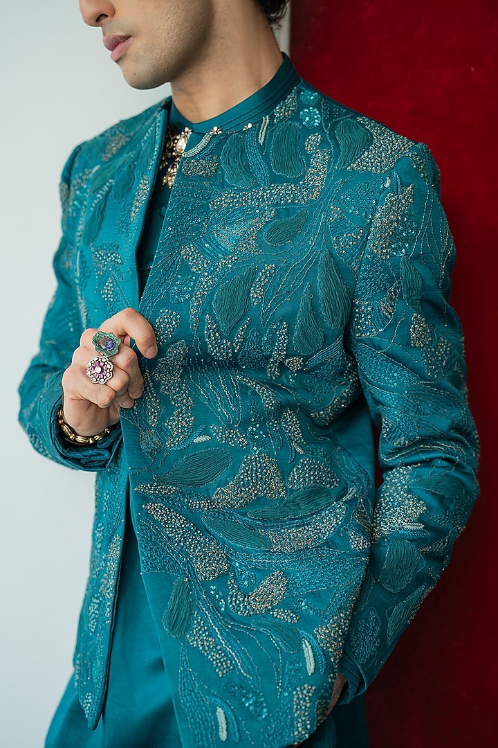 Teal Green Linen Silk Sequins Work Groom Indowestern Set by Jatin Malik at Pernia's Pop Up Shop