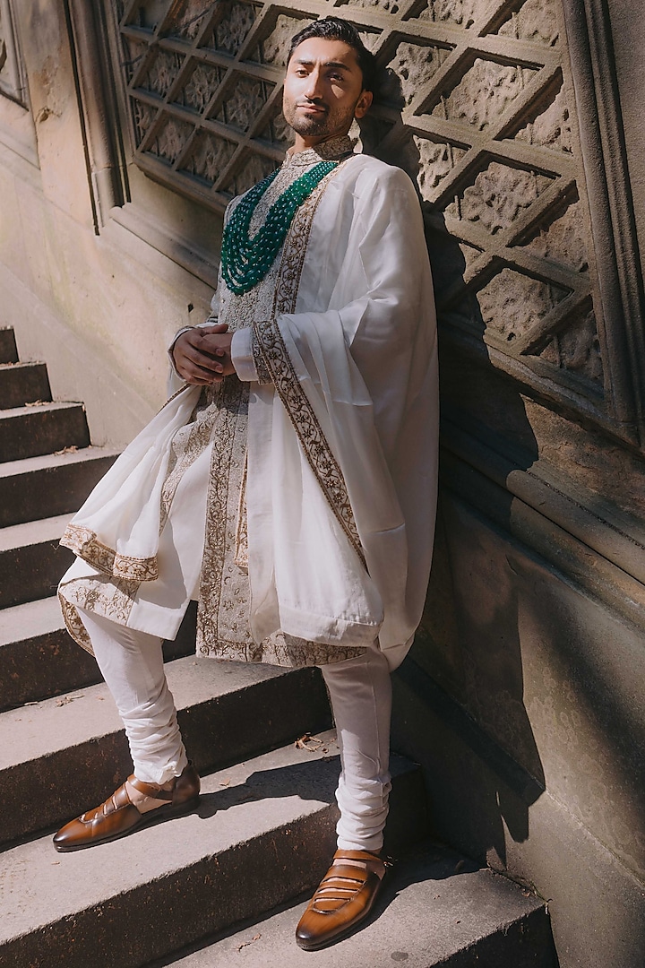 Ivory Linen Silk Gold Zari Work Sherwani Set by Jatin Malik