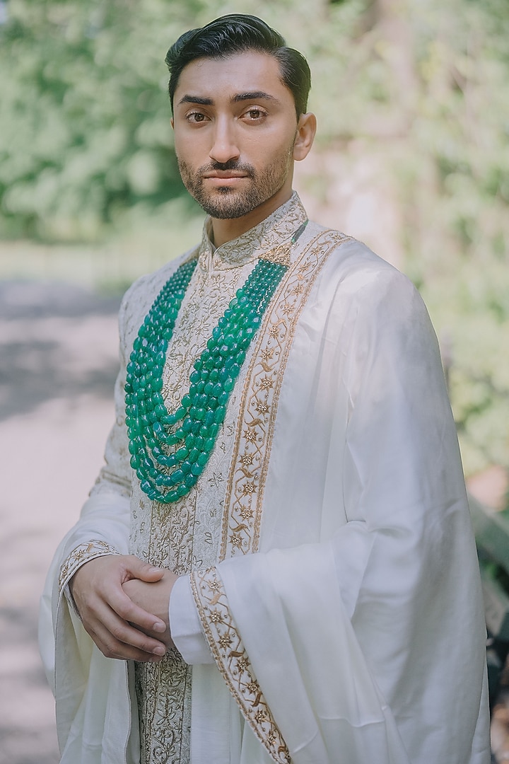 Ivory Linen Silk Gold Zari Work Groom Sherwani Set by Jatin Malik at Pernia's Pop Up Shop