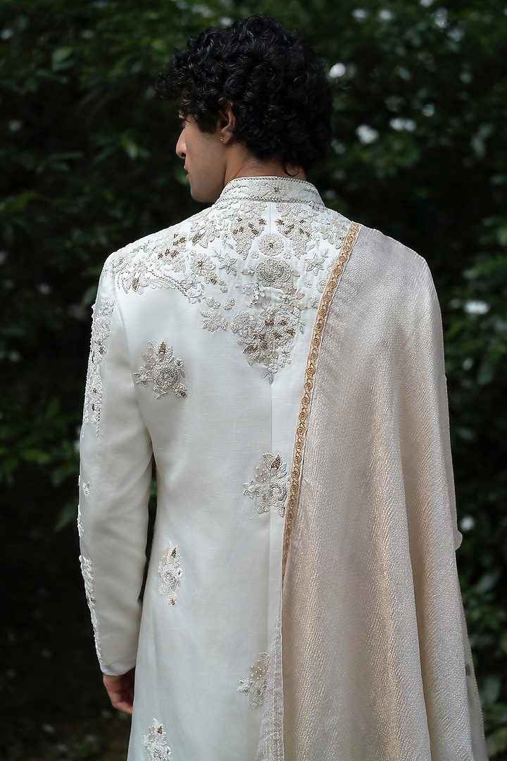 White Linen Silk Dori Embroidered Groom Sherwani Set by Jatin Malik at Pernia's Pop Up Shop