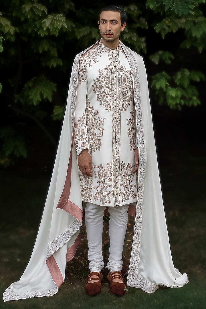 Ivory Linen Silk Hand Embroidered Sherwani Set by Jatin Malik