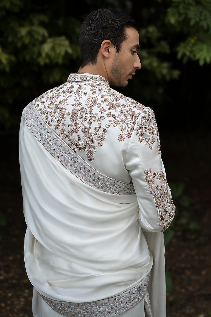 Ivory Linen Silk Hand Embroidered Groom Sherwani Set by Jatin Malik at Pernia's Pop Up Shop