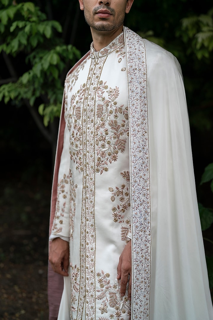 Ivory Linen Silk Hand Embroidered Groom Sherwani Set by Jatin Malik at Pernia's Pop Up Shop