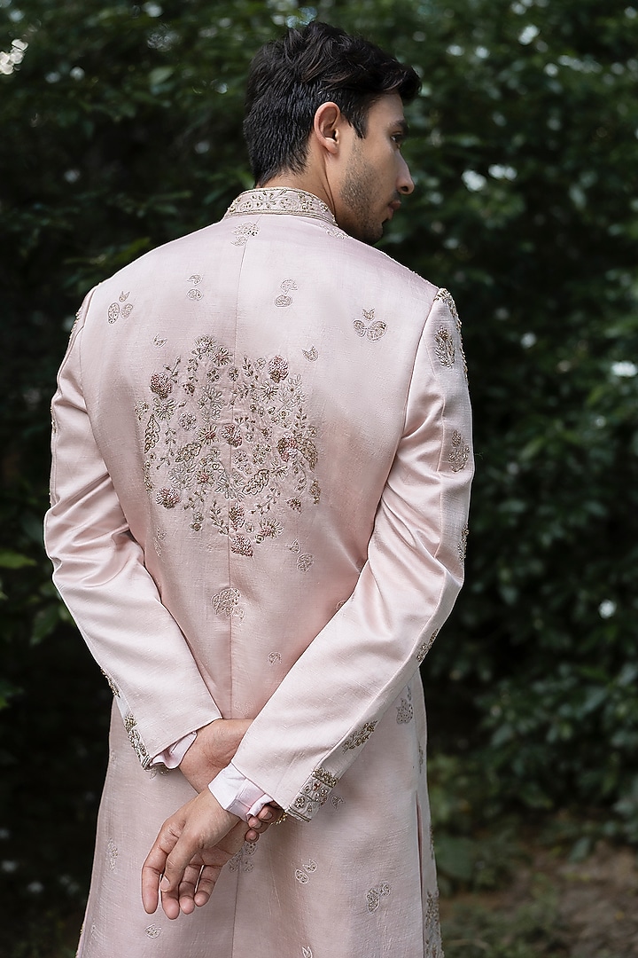 Blush Pink Linen Silk Hand Embroidered Groom Sherwani Set by Jatin Malik at Pernia's Pop Up Shop