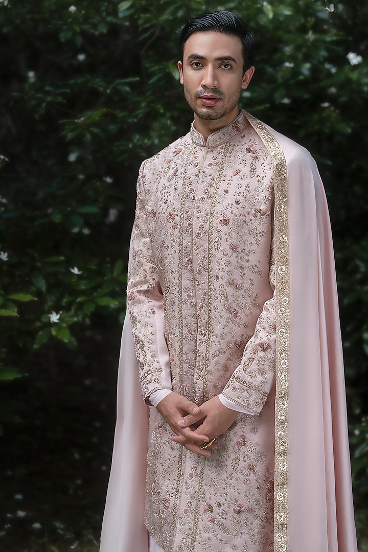 Blush Pink Linen Silk Hand Embroidered Groom Sherwani Set by Jatin Malik at Pernia's Pop Up Shop