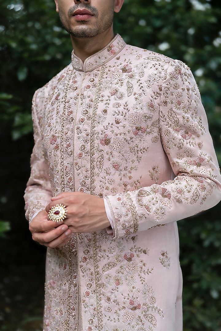 Blush Pink Linen Silk Hand Embroidered Groom Sherwani Set by Jatin Malik at Pernia's Pop Up Shop