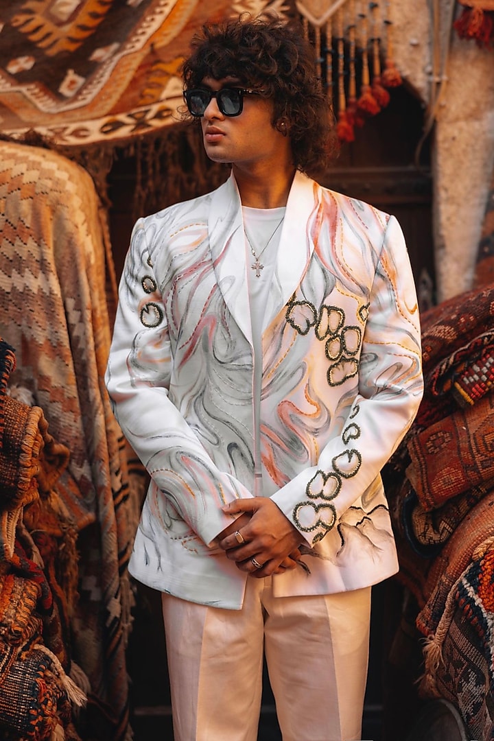 Ivory Modal Rayon Hand Painted Blazer Set by Jatin Malik at Pernia's Pop Up Shop