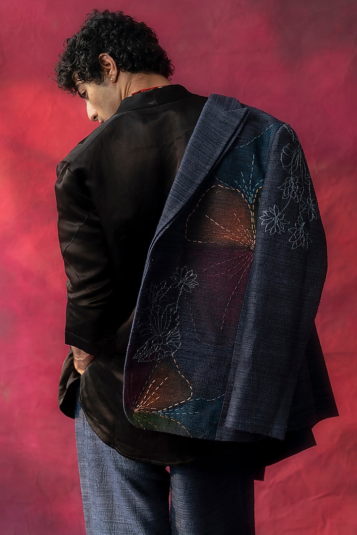 Midnight Blue Raw Silk Hand Embroidered Blazer Set by Jatin Malik at Pernia's Pop Up Shop