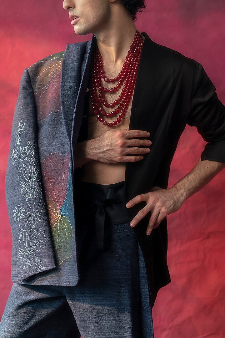 Midnight Blue Raw Silk Hand Embroidered Blazer Set by Jatin Malik at Pernia's Pop Up Shop
