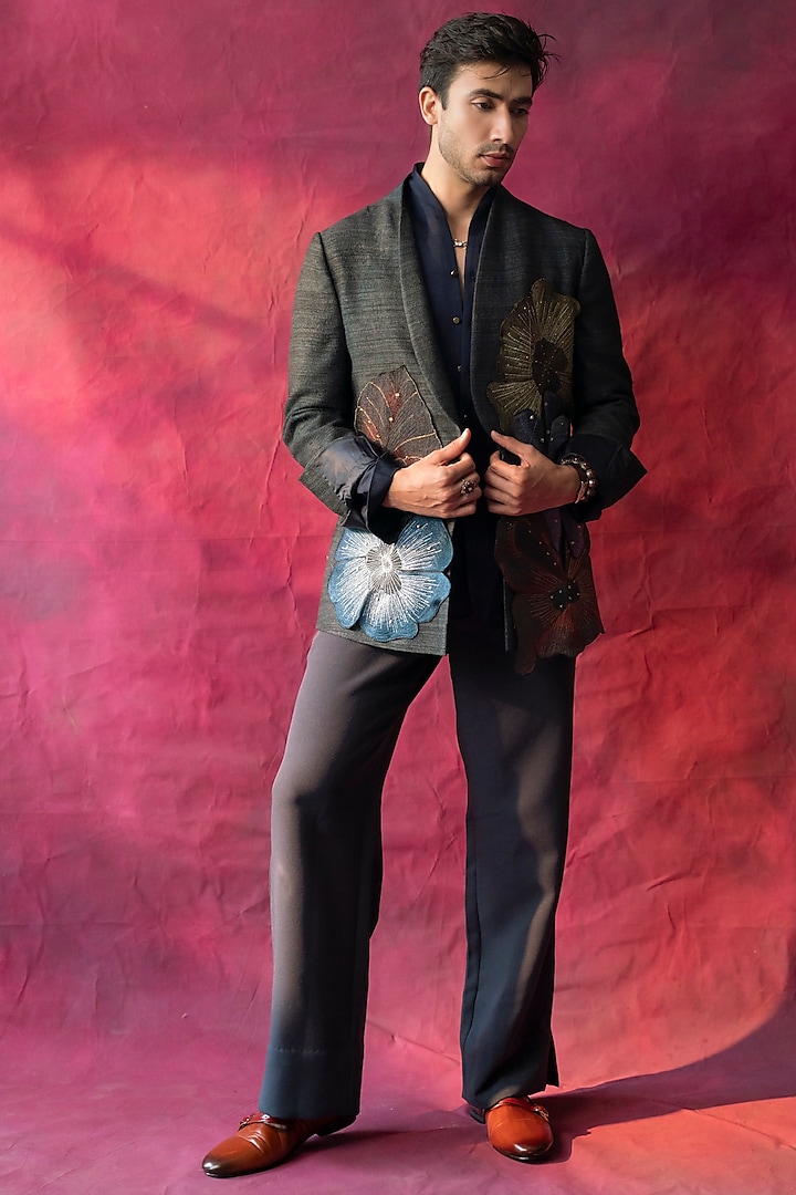 Charcoal Grey Raw Silk Hand Embroidered Blazer Set by Jatin Malik